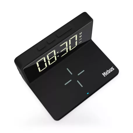 Mebus 56874 asztali digitális óra ébresztőóra, beépített 10W vezeték nélküli töltővel (mobiltelefon töltő), USB kimenettel, szabályozható fényerővel