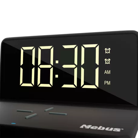 Mebus 56874 asztali digitális óra ébresztőóra, beépített 10W vezeték nélküli töltővel (mobiltelefon töltő), USB kimenettel, szabályozható fényerővel