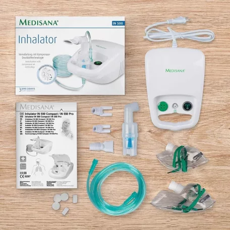 Medisana IN 500 elektromos kompresszoros, sűrített levegős inhalátor, gyermek- és felnőtt szájmaszkokkal, 10 ml töltőkapacitással