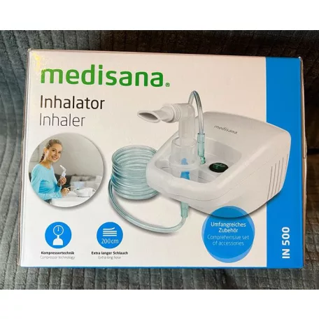 Medisana IN 500 elektromos kompresszoros, sűrített levegős inhalátor, gyermek- és felnőtt szájmaszkokkal, 10 ml töltőkapacitással