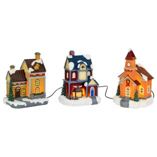   Melinera karácsonyi falu kézzel készített 6 LED-el megvilágított 3db lakóház templom ajándékbolt