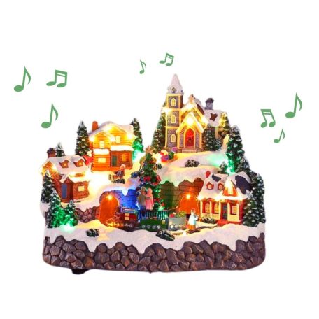 Mobil Digital XL karácsonyi falu 27 x 21 x 23 cm világító, zenélő karácsonyi jelenet 28 színes LED-el, 4 házikóval, karácsonyfával, mozgó vonattal, 8 dallammal