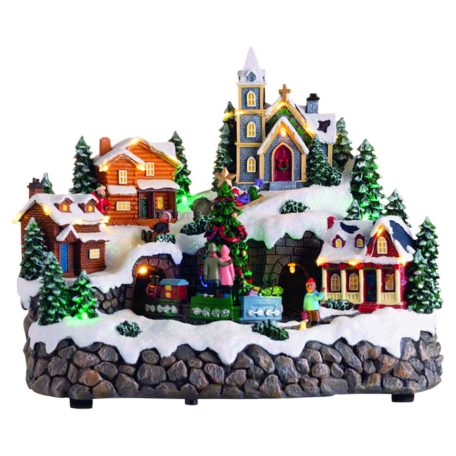 Mobil Digital XL karácsonyi falu 27 x 21 x 23 cm világító, zenélő karácsonyi jelenet 28 színes LED-el, 4 házikóval, karácsonyfával, mozgó vonattal, 8 dallammal