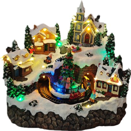 Mobil Digital XL karácsonyi falu 27 x 21 x 23 cm világító, zenélő karácsonyi jelenet 28 színes LED-el, 4 házikóval, karácsonyfával, mozgó vonattal, 8 dallammal