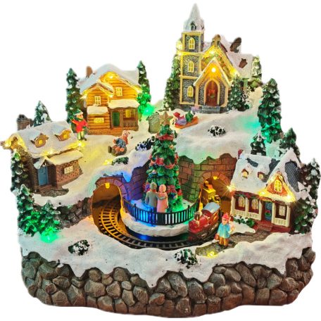 Mobil Digital XL karácsonyi falu 27 x 21 x 23 cm világító, zenélő karácsonyi jelenet 28 színes LED-el, 4 házikóval, karácsonyfával, mozgó vonattal, 8 dallammal