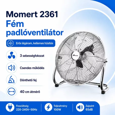Momert 2361 nemesacél inox (100% fém) 40 cm 100W padlóventilátor, szélgép, alumínium lapátokkal, 3 sebességfokozattal