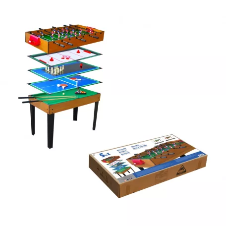 MultiGame 5 az 1-ben 125 x 60 x 80 cm 25 kg masszív multifunkciós játékasztal, csocsóasztal, léghoki, biliárd (asztali tennisz), ping-pong és bowlig, cserélhető lapokkal