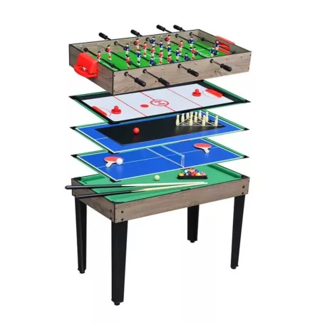 MultiGame 5 az 1-ben 125 x 60 x 80 cm 25 kg masszív multifunkciós játékasztal, csocsóasztal, léghoki, biliárd (asztali tennisz), ping-pong és bowlig, cserélhető lapokkal
