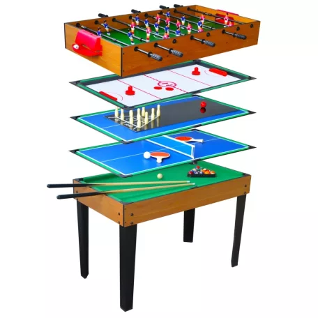 MultiGame 5 az 1-ben 125 x 60 x 80 cm 25 kg masszív multifunkciós játékasztal, csocsóasztal, léghoki, biliárd (asztali tennisz), ping-pong és bowlig, cserélhető lapokkal