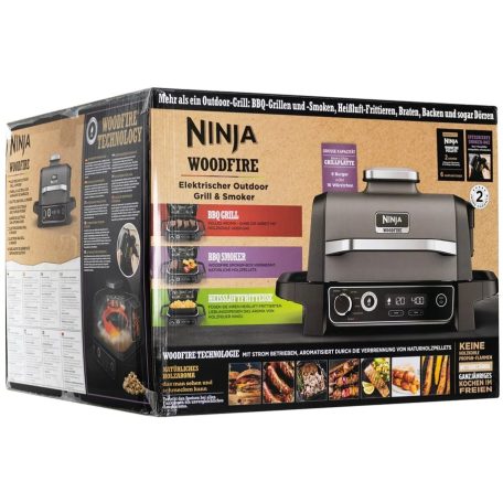 Ninja WoodFire OG701EU elektromos kombi kültéri Master BBQ, Smoker Grill (füstölő) és Airfryer 3 az 1-ben készülék 2400W, 28 × 37 cm grillező felülettel