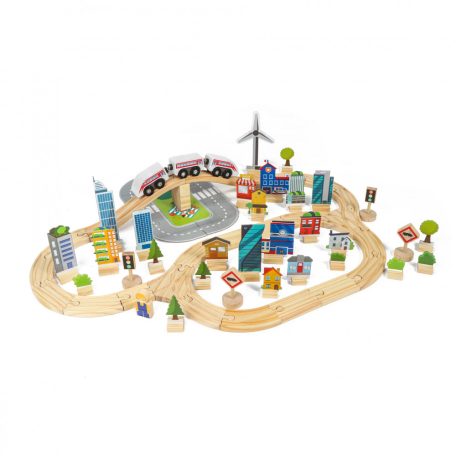 One Two Fun 92 darabos fa vonat szett, favonat készlet W2 elemes önjáró mozdonnyal, útelágazással, kiegészítőkkel és kézzel tolható vasúti szerelvénnyel