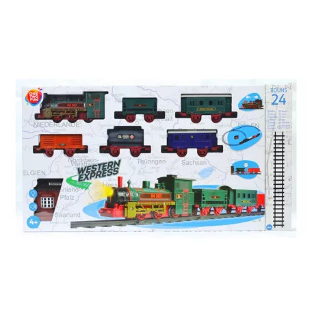 One Two Fun Western Express Train elemes, önjáró elektromos vonat szett, vasút készlet 133 x 74 cm, XL 40 darabos sínkészlettel, fény- és hangeffektusokkal