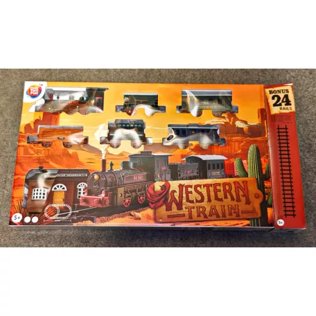 One Two Fun Western Express Train elemes, önjáró elektromos vonat szett, vasút készlet 133 x 74 cm, XL 40 darabos sínkészlettel, fény- és hangeffektusokkal