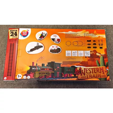 One Two Fun Western Express Train elemes, önjáró elektromos vonat szett, vasút készlet 133 x 74 cm, XL 40 darabos sínkészlettel, fény- és hangeffektusokkal