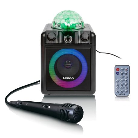 Lenco PA-051BK 8W akkus, USB / MicroSD / Bluetooth 5.2 Karaoke szett, Party LED-es hangszóró, beépített Disco gömbbel, távirányítóval és mikrofonnal