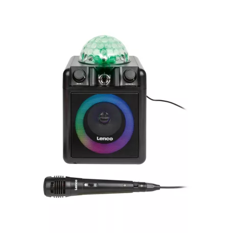 Lenco PA-051BK 8W akkus, USB / MicroSD / Bluetooth 5.2 Karaoke szett, Party LED-es hangszóró, beépített Disco gömbbel, távirányítóval és mikrofonnal