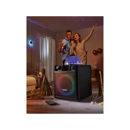 Lenco PA-051BK 8W akkus, USB / MicroSD / Bluetooth 5.2 Karaoke szett, Party LED-es hangszóró, beépített Disco gömbbel, távirányítóval és mikrofonnal