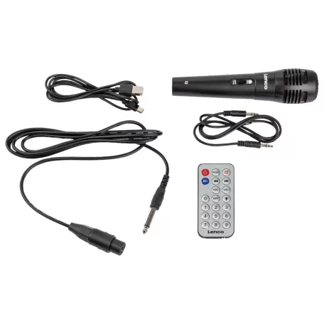 Lenco PA-051BK 8W akkus, USB / MicroSD / Bluetooth 5.2 Karaoke szett, Party LED-es hangszóró, beépített Disco gömbbel, távirányítóval és mikrofonnal