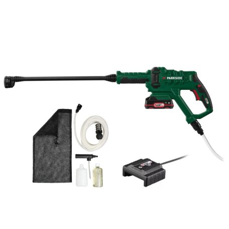 ParkSide PDRA 20-Li D4 X20V 20V 2Ah akkus 25 bar önfelszívó magasnyomású mosó, akkumulátoros sterimo, habosító fúvókával, akkuval és töltővel