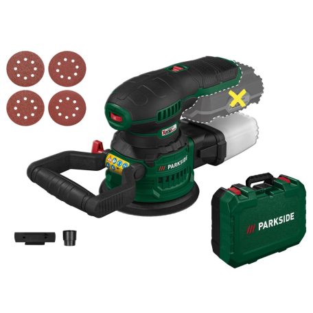 ParkSide PAEXS 20-Li B2 SOLO X20V akkus, akkumulátoros 125 mm excenter csiszoló, csiszológép levehető portartállyal, kofferben, akku és töltő nélkül 