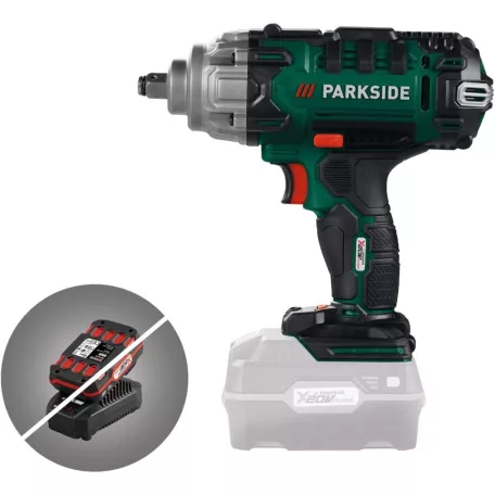 ParkSide PASSK 20-Li C4 SOLO X20V 400Nm akkus ütvecsavarozó, akkumulátoros kerékkulcs kofferben, 4 db CR-V dugókulccsal, akku és töltő NÉLKÜL