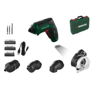   ParkSide PAS D7 mini 4V 1.5Ah 10Nm akkus csavarozó cserélhető fejekkel (nyomaték-, excenter-, sarok-, vágófej) + 28 bittel, kofferben