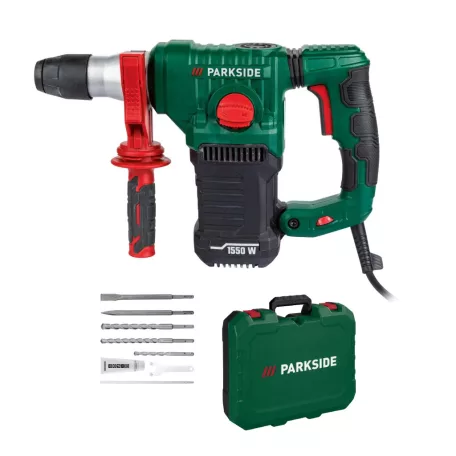 ParkSide PBH 1550 C1 1550W 5J SDS Plus ütvefúró, bontó- és vésőkalapács, fúrókalapács 5 fúrószárral, kofferben