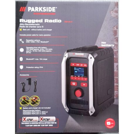 ParkSide Performance PBR 36 A1 SOLO 12V / 20V 2 x 18W RMS akkus építkezési rádió, akkumulátoros hordozható Bluetooth hangszóró USB / AUX / FM rádió / DAB / DAB+