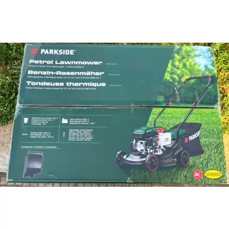 ParkSide PBRM 39 E4 négyütemű 131 cm3 2.4 kW 3.3 LE (PS) benzinmotoros fűnyíró 39 cm vágásszélességgel, benzines fűnyírógép (nem önjáró, 508992)