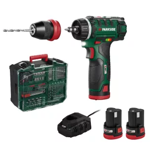   ParkSide PBSA 12 E4 EXTRA 12V 2Ah 28 Nm dupla akkus, 2 db li-ion akkumulátoros, levehető tokmányos fúró, csavarozó, behajtó EXTRA kofferben, 73 kiegészítővel