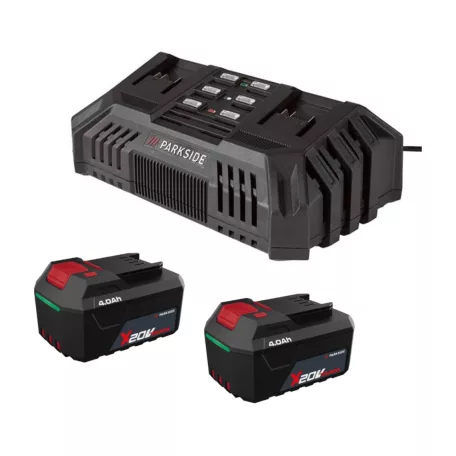 ParkSide PDSLG 20 4Ah SZETT X20V Team 200W 4.5A dupla akkumulátor gyorstöltő, kettős akkutöltő + 2 db PAP 204 A1 / PAP 20 B3 2 0V 4Ah akku