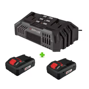   ParkSide PDSLG 20 A1 4Ah SMART SZETT X20V Team 200W 4.5A dupla akkumulátor gyorstöltő, kettős akkutöltő + 2 db PAPS 204 A1 / PAPP 204 A1 20V 4Ah Smart akku