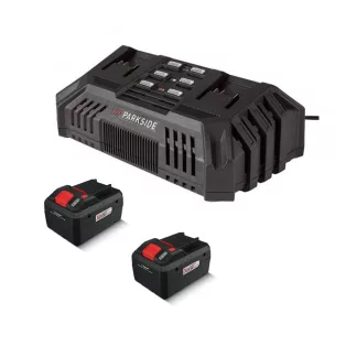   ParkSide PDSLG 20 A1 8Ah SZETT X20V Team 200W 4.5A dupla akkumulátor gyorstöltő, kettős akkutöltő + 2 db PAPS 208 A1 / PAPP 208 A1 20V 8Ah akku