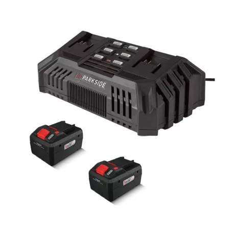 ParkSide PDSLG 20 A1 8Ah SZETT X20V Team 200W 4.5A dupla akkumulátor gyorstöltő, kettős akkutöltő + 2 db PAPS 208 A1 / PAPP 208 A1 20V 8Ah akku