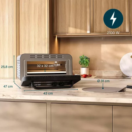 Princess Pro Max PD-4980SX kompakt 2100W 15L elektromos pizzasütő kemence 400 °C pizzabox, pizzakemence 5 programmal, lapáttal, 30 cm pizzához (112780)