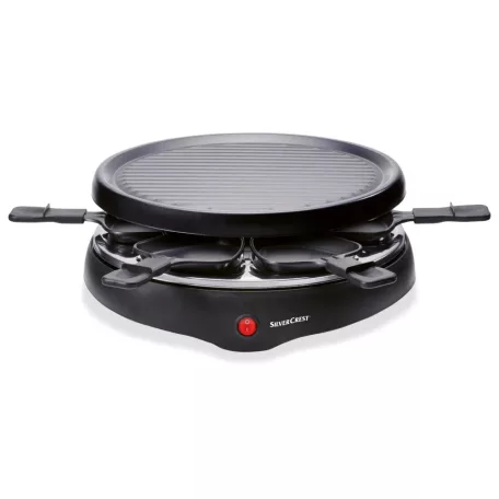 SilverCrest 800W 29 cm kerek, elektromos, 6 személyes raclette grill, raklett grillsütő, levehető bordázott tapadásmentes sütőlappal (PD-8921)