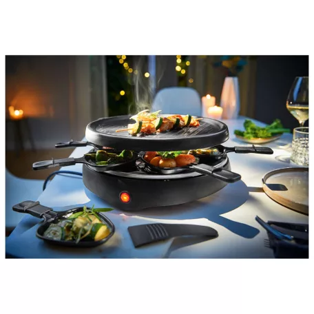 SilverCrest 800W 29 cm kerek, elektromos, 6 személyes raclette grill, raklett grillsütő, levehető bordázott tapadásmentes sütőlappal (PD-8921)