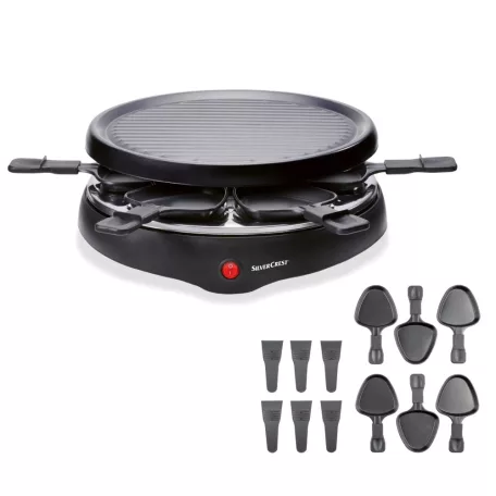 SilverCrest 800W 29 cm kerek, elektromos, 6 személyes raclette grill, raklett grillsütő, levehető bordázott tapadásmentes sütőlappal (PD-8921)