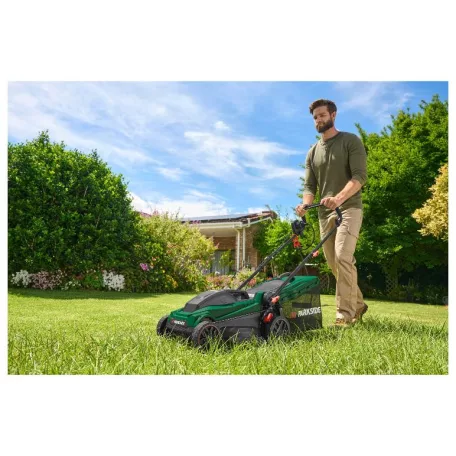 ParkSide PERM 1500 B2 1500W 36 cm elektromos fűnyíró, 40L fűgyűjtős fűnyírógép Turbo Power motorral, központi vágásmagasság állítással 25-75 mm között