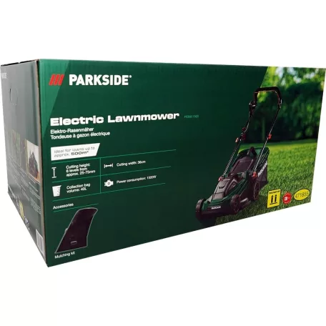 ParkSide PERM 1500 B2 1500W 36 cm elektromos fűnyíró, 40L fűgyűjtős fűnyírógép Turbo Power motorral, központi vágásmagasság állítással 25-75 mm között