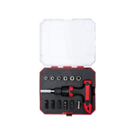 PowerFix Profi+ 23 részes Racsnis dugókulcs és bit készlet T-markolattal, tároló dobozban (320227)