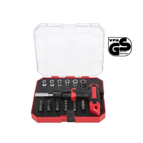 PowerFix Profi+ 23 részes Racsnis dugókulcs és bit készlet T-markolattal, tároló dobozban (320227)