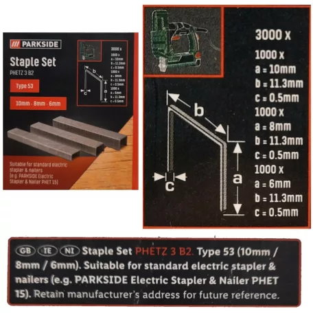 ParkSide PHETZ 3 B2 - 9000 darabos kiegészítő csomag: 6000 db TYPE 53 kapocs (6/8/10/12/14 mm) + 3000 db TYPE 47 szög (14/15 mm) PHET 15 elektromos tűzőgéphez