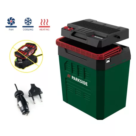 ParkSide PKB 20-Li A2 SOLO 12V DC / 20V DC / 230V AC autós + hálózati + akkus, X20V Team akkumulátoros 24L ECO hűtő-fűtő elektromos hűtőtáska, akku és töltő nélkül