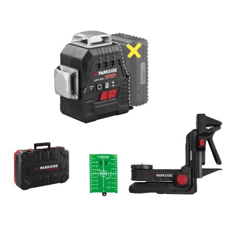 ParkSide Performance PKLLP 3360 A1 SOLO 3 x 360° Crossline Laser, cserélhető X20V 20V akkus, keresztvonalas lézer szintező fali konzollal, kofferben, akku és töltő nélkül