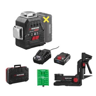   ParkSide Performance PKLLP 3360 A1 SMART 3 x 360° Crossline Laser, cserélhető X20V 20V 4Ah akkus, keresztvonalas lézer szintező fali konzollal, kofferben PAPS 204 A1 SMART akkuval és PLG 20 C3 gyorstöltővel
