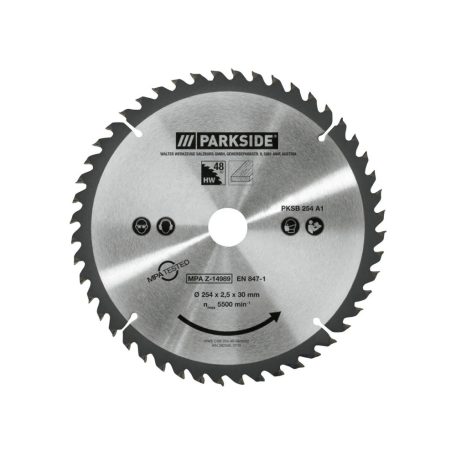 ParkSide PKSB 254 A1 univerzális 254 mm 48 / 80 / 96 fogú fűrészlap körfűrészekhez, körfűrész asztalhoz fa / alumínium vágásához (PTKS 2000 H5 / PTKS 2200 A1 kiegészítő)