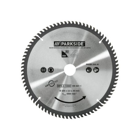 ParkSide PKSB 254 A1 univerzális 254 mm 48 / 80 / 96 fogú fűrészlap körfűrészekhez, körfűrész asztalhoz fa / alumínium vágásához (PTKS 2000 H5 / PTKS 2200 A1 kiegészítő)