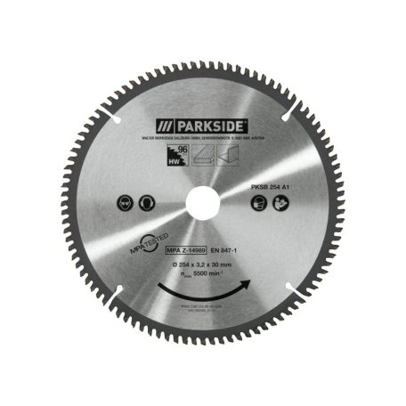 ParkSide PKSB 254 A1 univerzális 254 mm 48 / 80 / 96 fogú fűrészlap körfűrészekhez, körfűrész asztalhoz fa / alumínium vágásához (PTKS 2000 H5 / PTKS 2200 A1 kiegészítő)