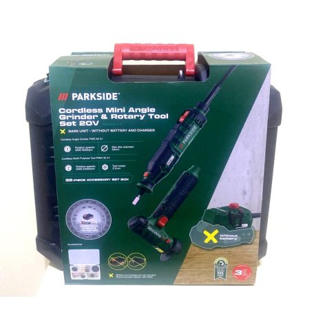 ParkSide PMBSA 20-Li A1 SOLO 20V akkus mini modellező, modellépítő készlet, PMW 32 A1 multifunkciós fanelfúró és PWS 50 A1 sarokcsiszoló, 32 tartozékkal kofferben